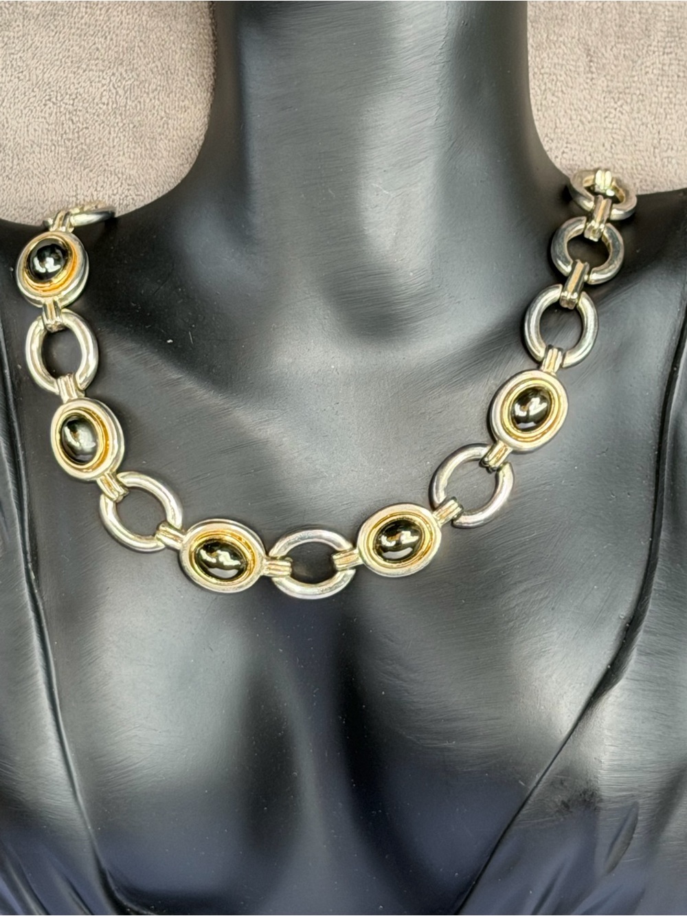 Two-Tone Gold & Silver Chain Necklace with Black Cabochon Accents